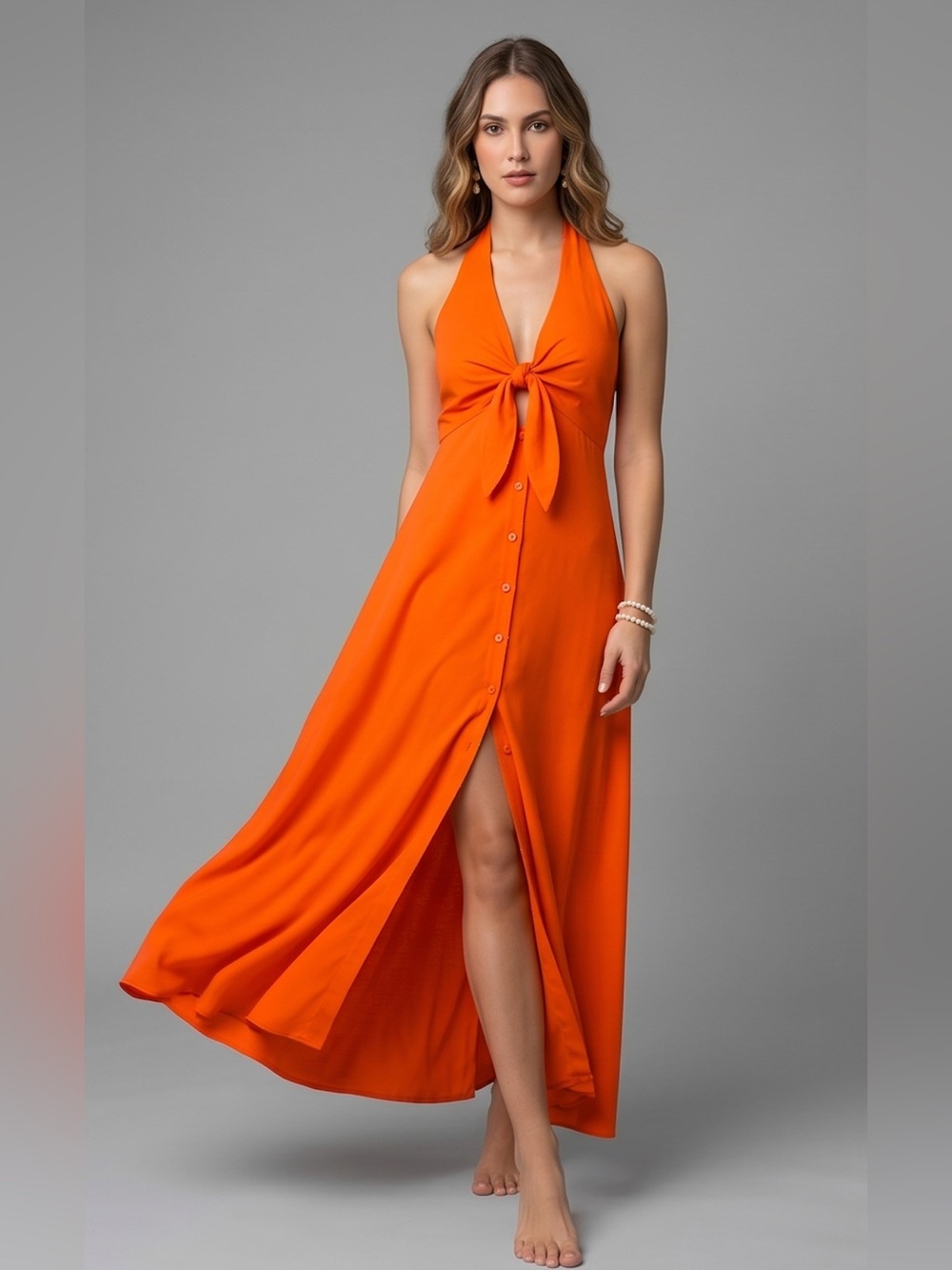 Boho Orange Knot Front Tie Back Maxi Halter Dress